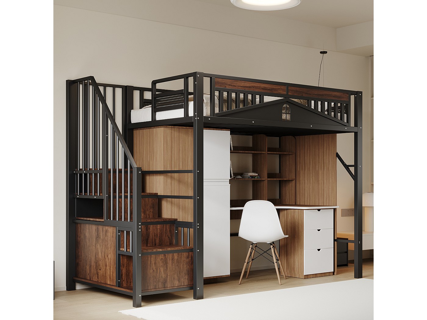 Moimhear Hoogslaper, 90 x 200 cm hoogslaper, kinderbedden, bovenbed, tafel onder, grote opbergruimte, hoge leuning, stabiele trap (wit