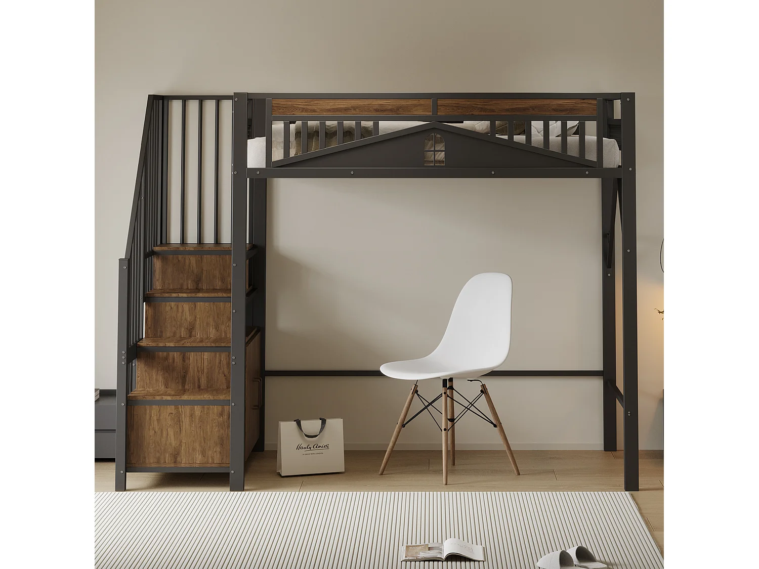 Cama alta 90 x 200 cm com espaço de armazenamento - Metal + Madeira compensada + MDF - Estrado de ripas - Preto