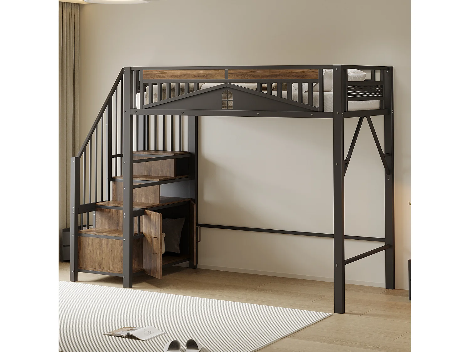 Cama alta 90 x 200 cm com espaço de armazenamento - Metal + Madeira compensada + MDF - Estrado de ripas - Preto