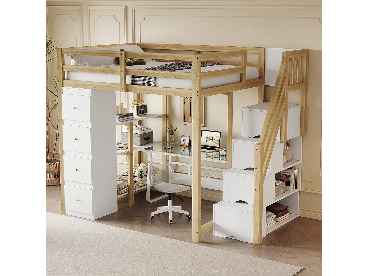 Cama alta 140 x 200 cm con 4 cajones, 4 puertas y estantes de almacenamiento - Madera maciza + MDF - Somier de láminas - Natural + blanco