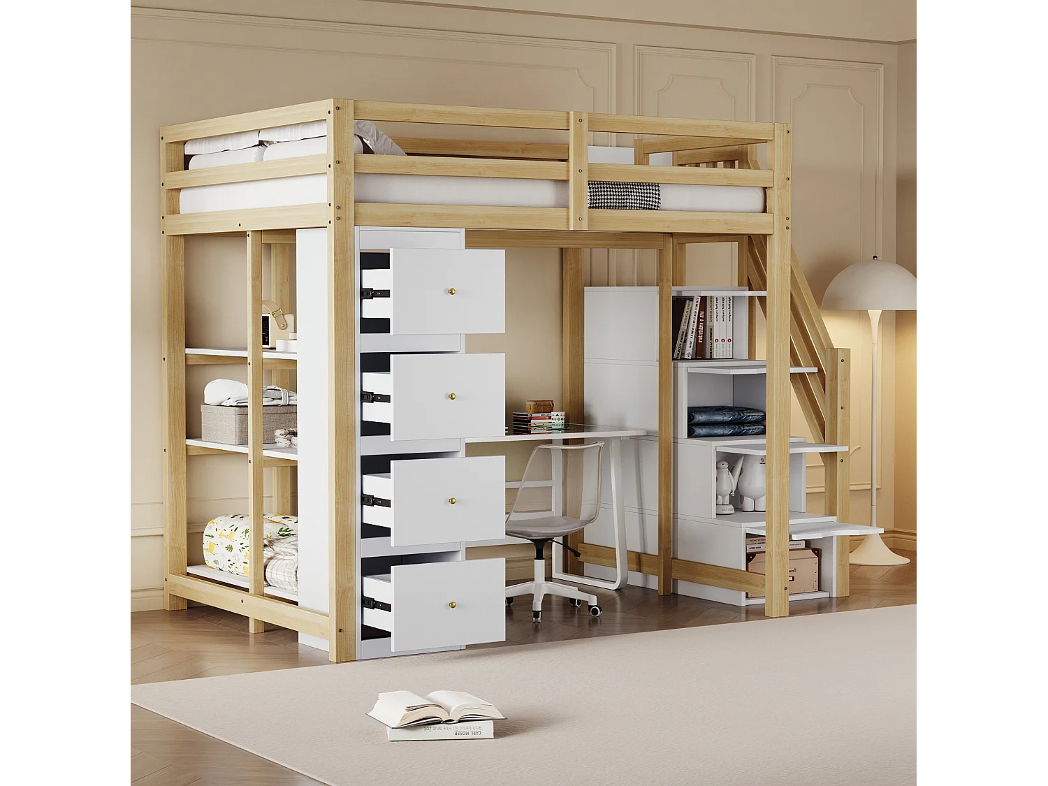 Cama alta 140 x 200 cm con 4 cajones, 4 puertas y estantes de almacenamiento - Madera maciza + MDF - Somier de láminas - Natural + blanco