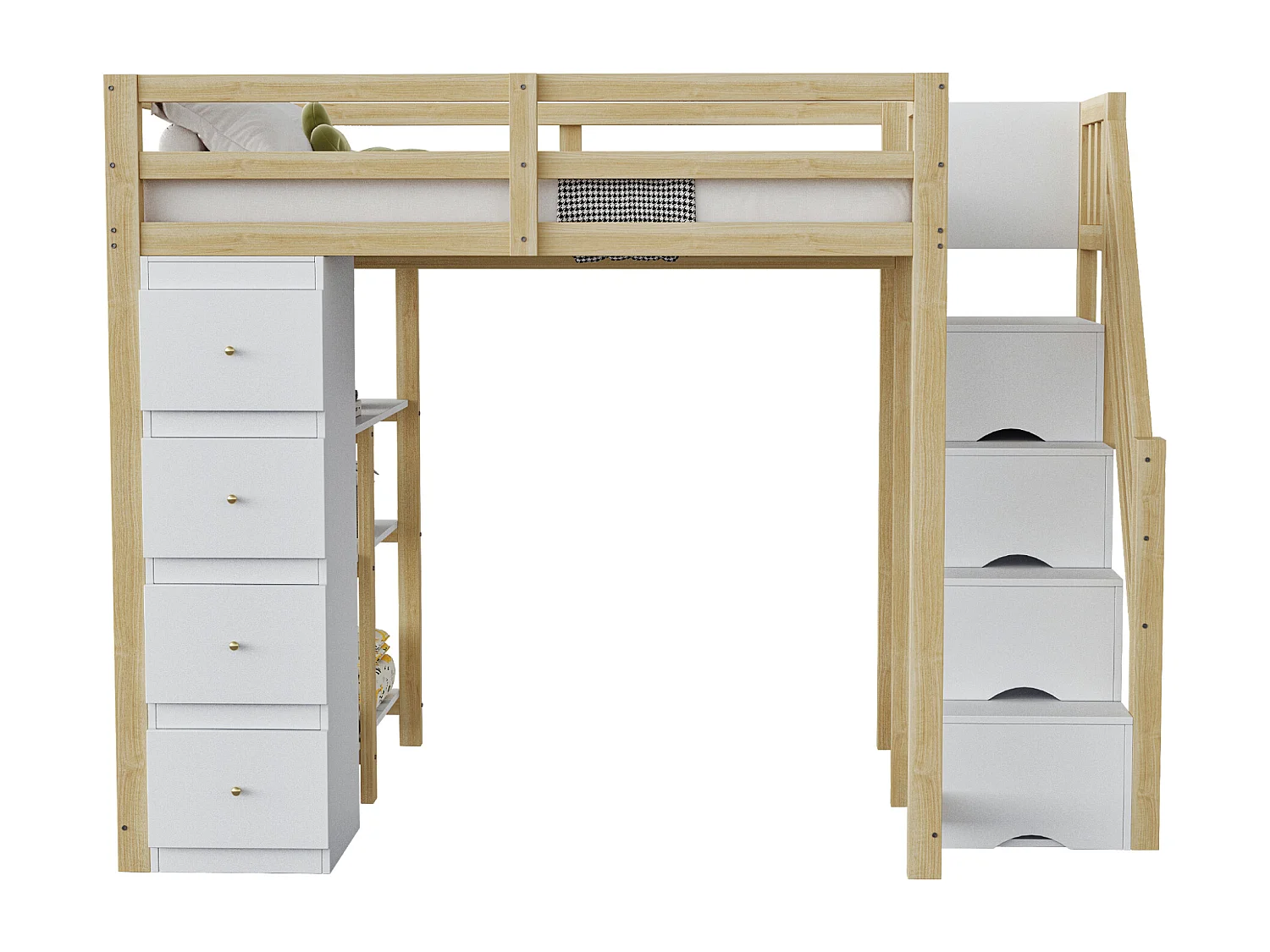 Cama alta 140 x 200 cm con 4 cajones, 4 puertas y estantes de almacenamiento - Madera maciza + MDF - Somier de láminas - Natural + blanco