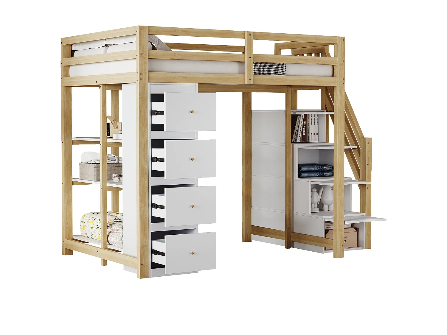 Cama alta 140 x 200 cm con 4 cajones, 4 puertas y estantes de almacenamiento - Madera maciza + MDF - Somier de láminas - Natural + blanco