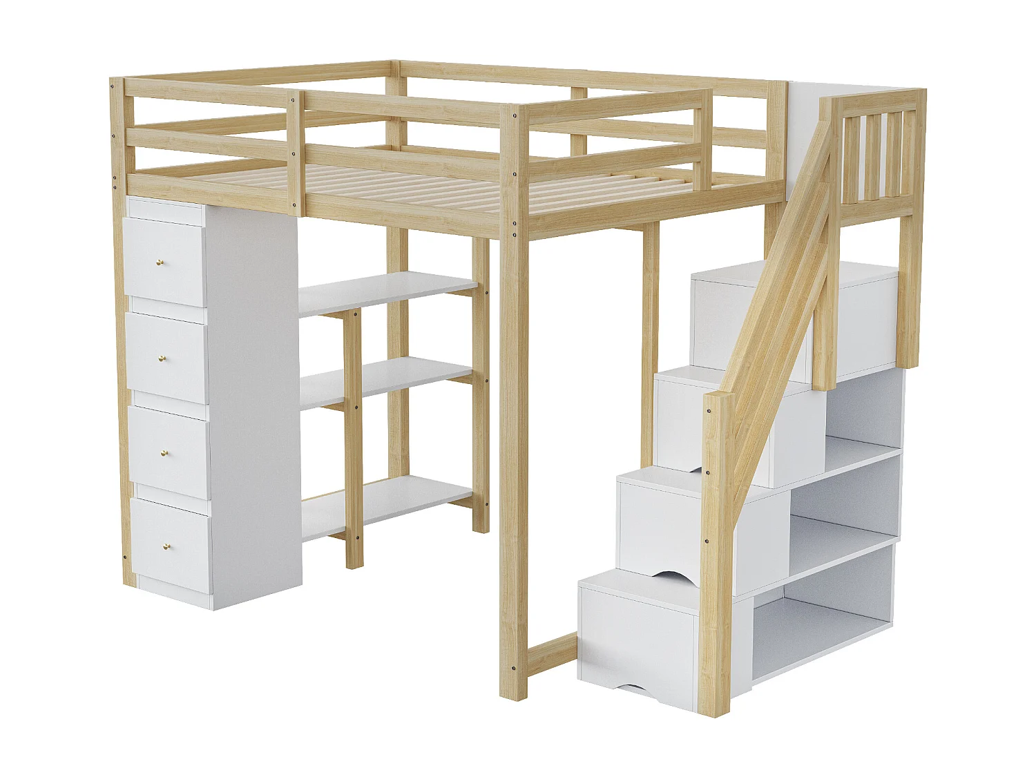 Cama alta 140 x 200 cm con 4 cajones, 4 puertas y estantes de almacenamiento - Madera maciza + MDF - Somier de láminas - Natural + blanco