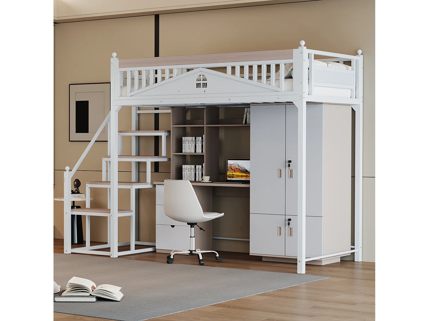 Lit mezzanine 90 x 200 cm avec escalier - Métal + Contreplaqué + MDF - Sommier à lattes - Blanc