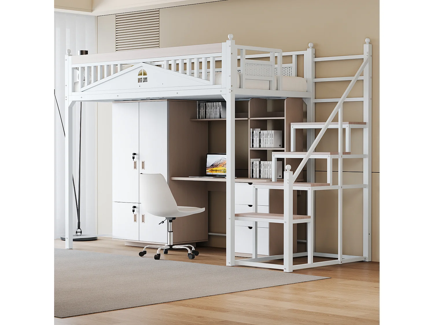 Lit mezzanine 90 x 200 cm avec escalier - Métal + Contreplaqué + MDF - Sommier à lattes - Blanc