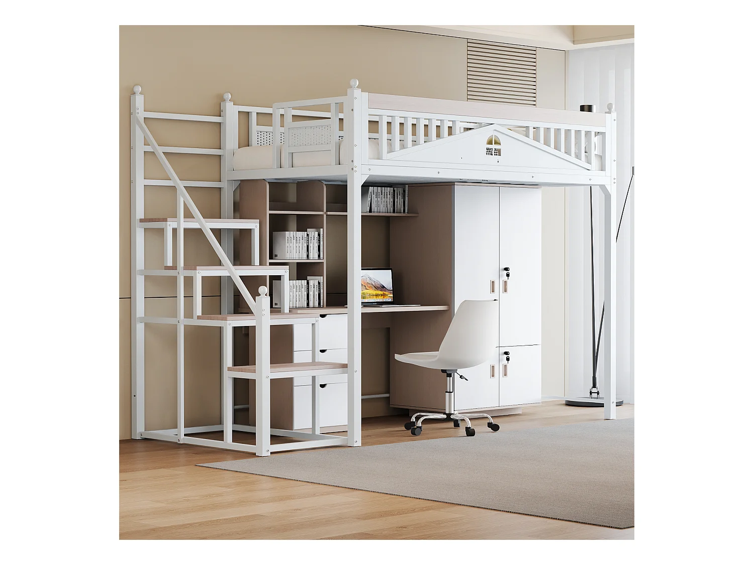 Hochbett 90 x 200 cm mit Treppe – Metall + Sperrholz + MDF – Lattenrost – Weiß