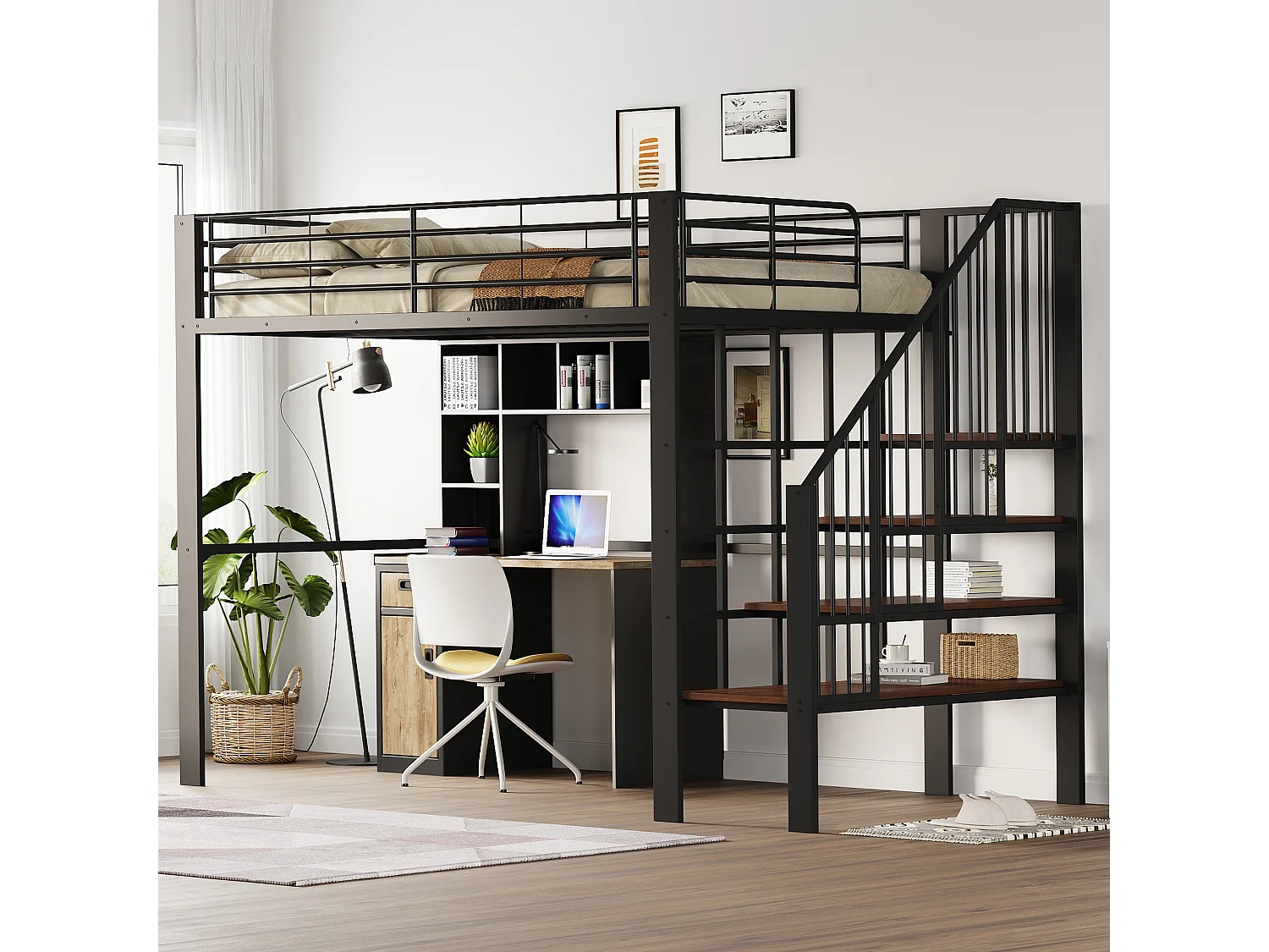 Lit mezzanine 140 x 200 cm avec grand escalier - Métal + Contreplaqué + MDF - Sommier à lattes - Noir