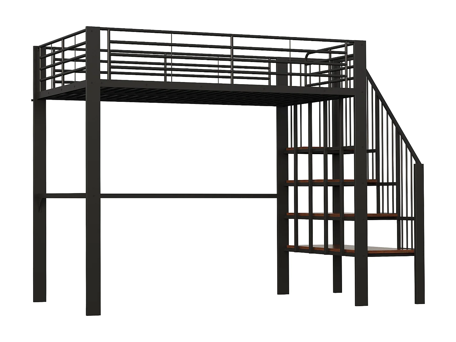 Lit mezzanine 140 x 200 cm avec grand escalier - Métal + Contreplaqué + MDF - Sommier à lattes - Noir