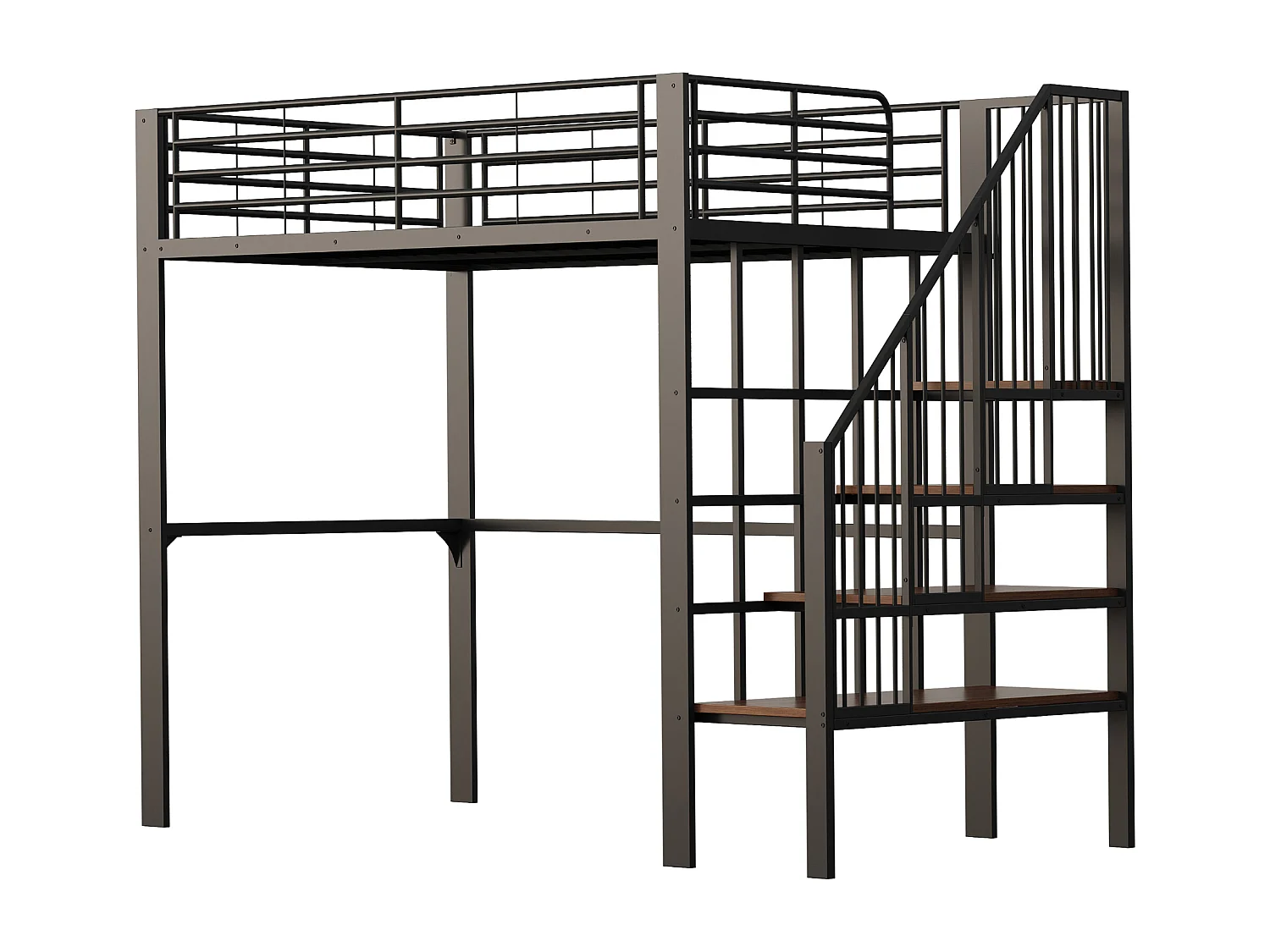 Lit mezzanine 140 x 200 cm avec grand escalier - Métal + Contreplaqué + MDF - Sommier à lattes - Noir