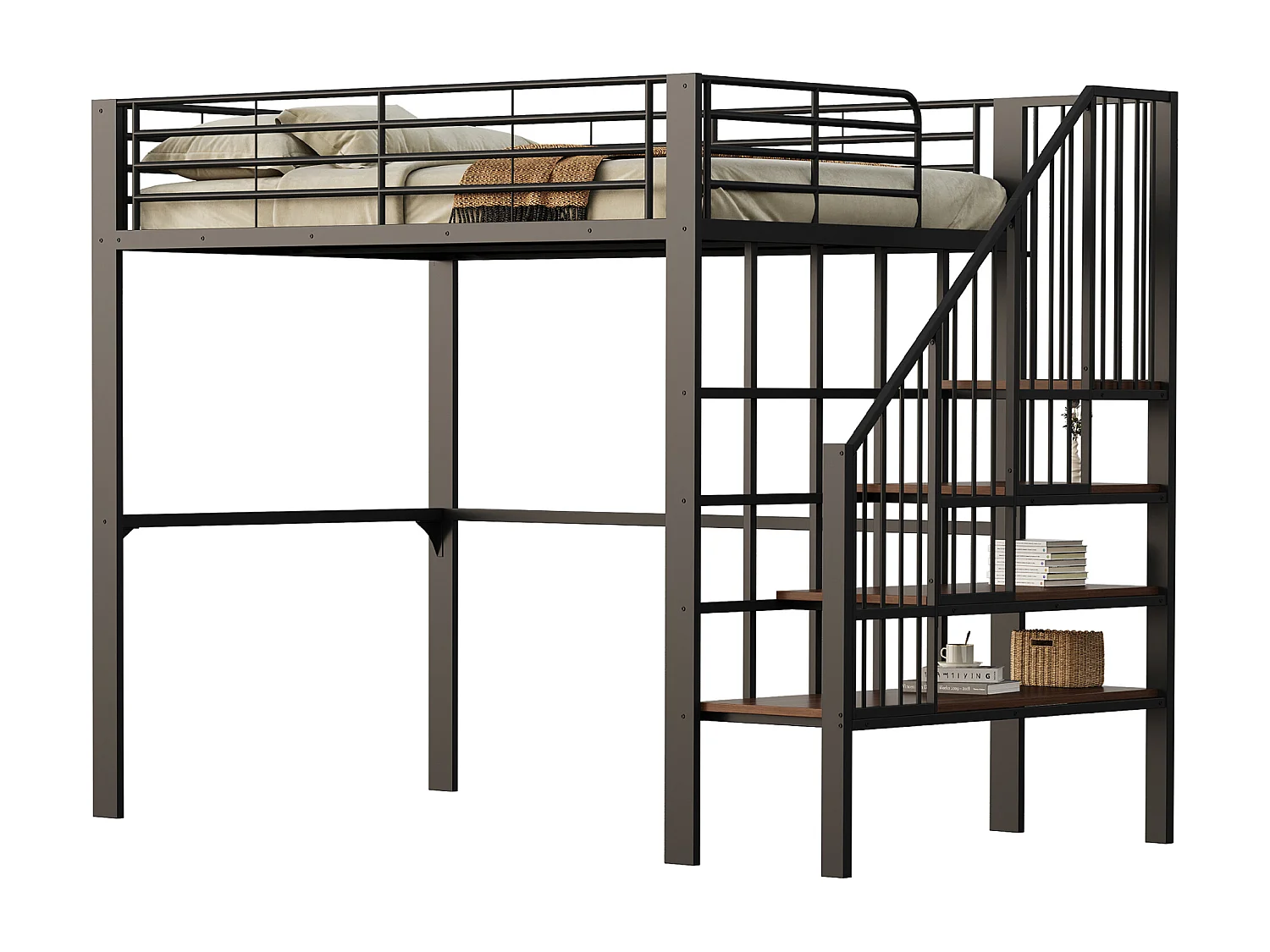 Lit mezzanine 140 x 200 cm avec grand escalier - Métal + Contreplaqué + MDF - Sommier à lattes - Noir