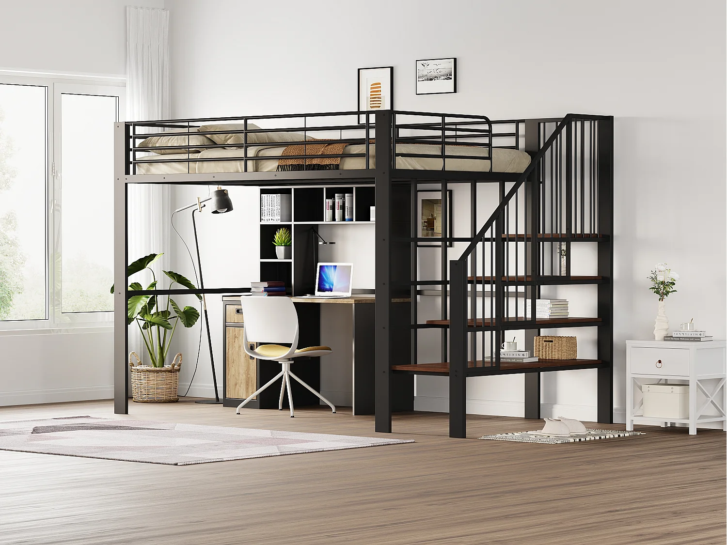 Lit mezzanine 140 x 200 cm avec grand escalier - Métal + Contreplaqué + MDF - Sommier à lattes - Noir