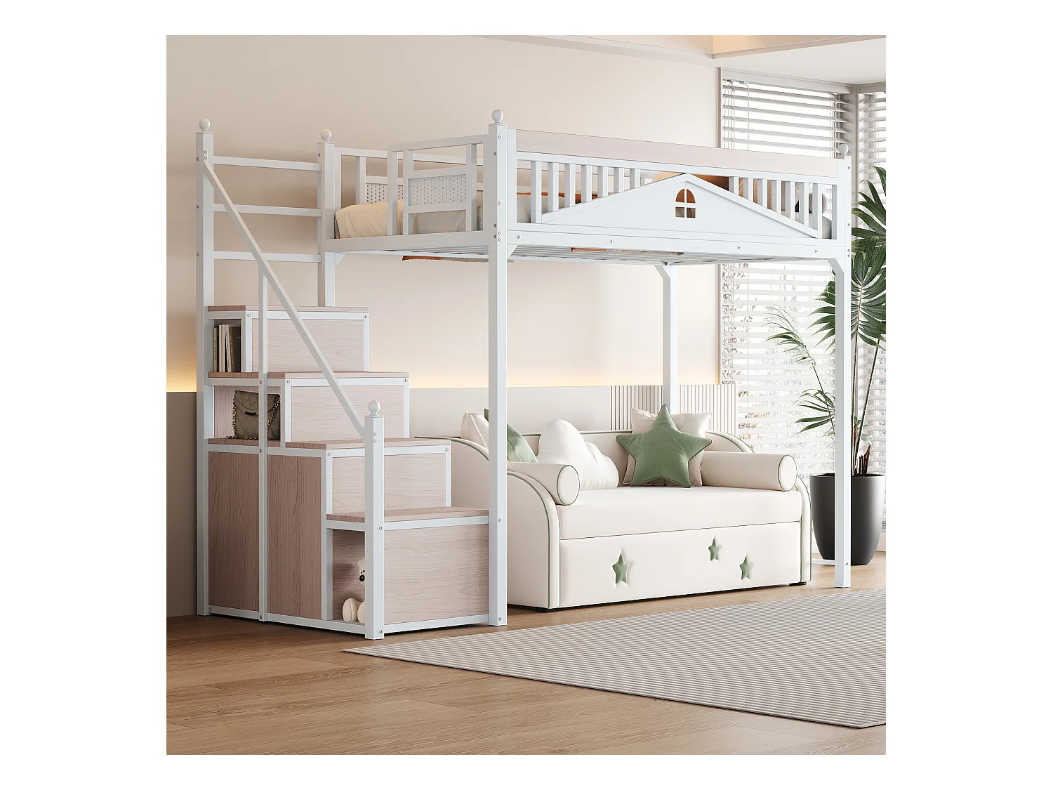 Lit mezzanine 90 x 200 cm avec espace de rangement - Métal + Contreplaqué + MDF - Sommier à lattes - Blanc