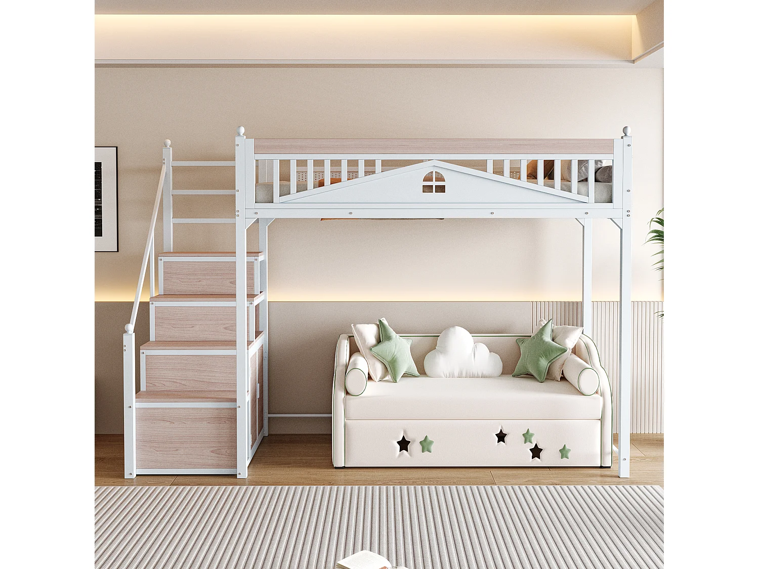 Cama alta 90 x 200 cm com espaço de arrumação - Metal + Contraplacado + MDF - Base de ripas - Branco