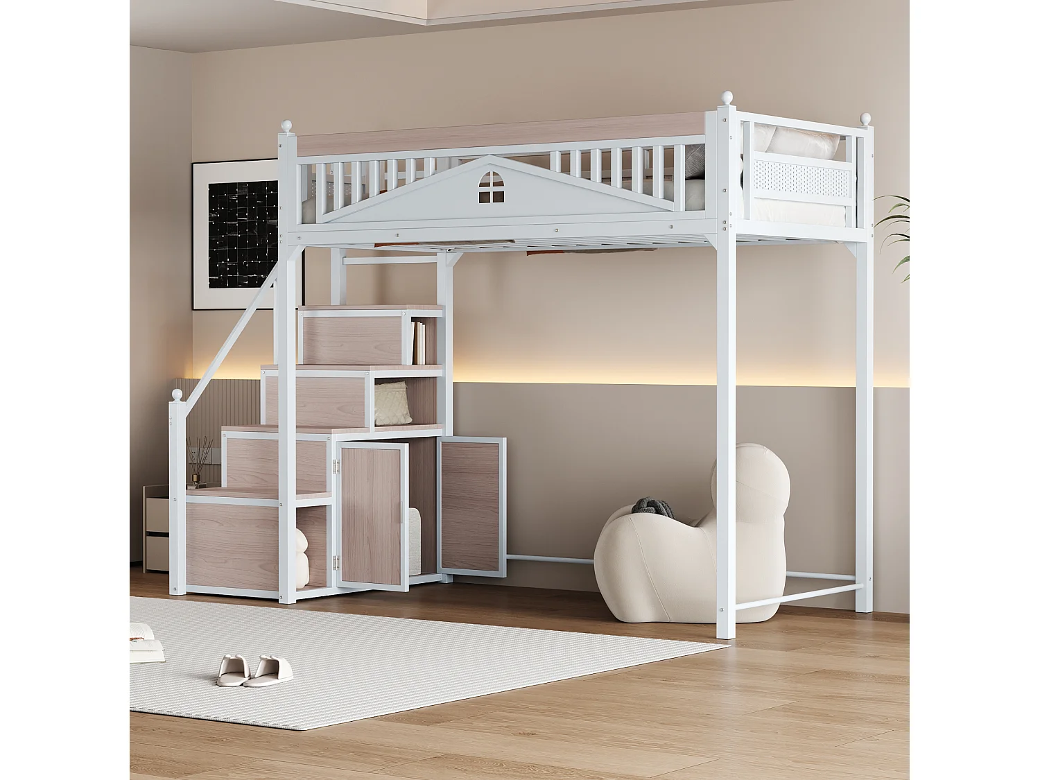 Cama alta 90 x 200 cm com espaço de arrumação - Metal + Contraplacado + MDF - Base de ripas - Branco