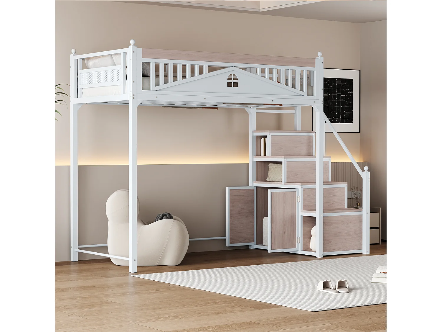 Cama alta 90 x 200 cm com espaço de arrumação - Metal + Contraplacado + MDF - Base de ripas - Branco