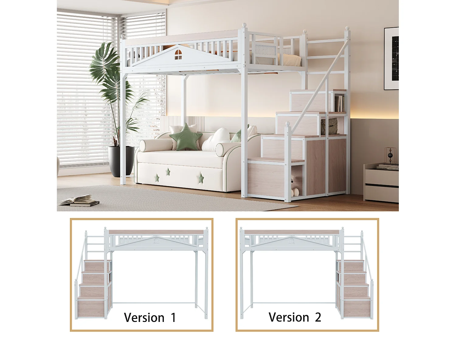 Cama alta 90 x 200 cm com espaço de arrumação - Metal + Contraplacado + MDF - Base de ripas - Branco