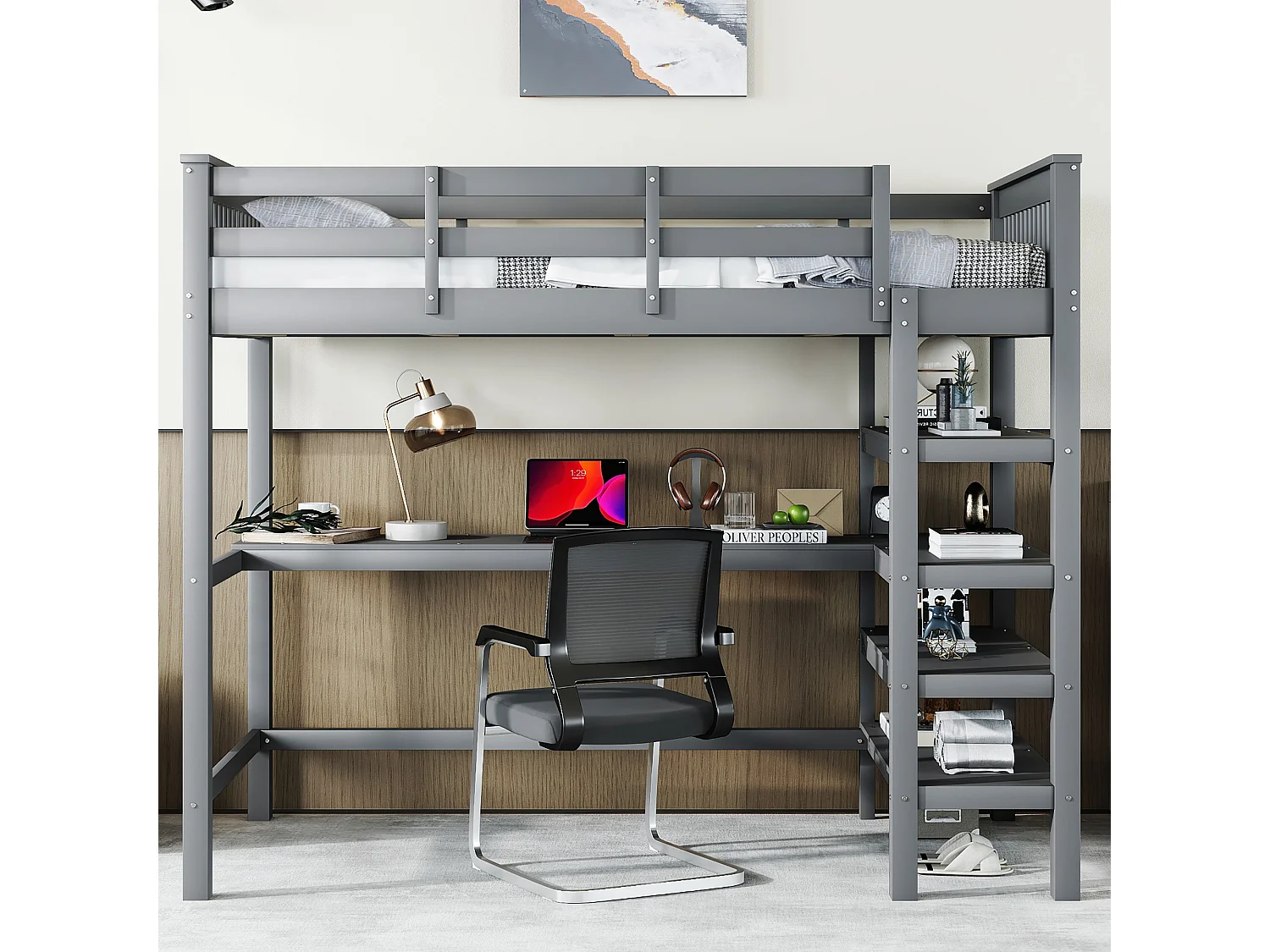 Lit mezzanine 90 x 200 cm avec bureau et étagères de rangement - Bois de pin + MDF - Gris