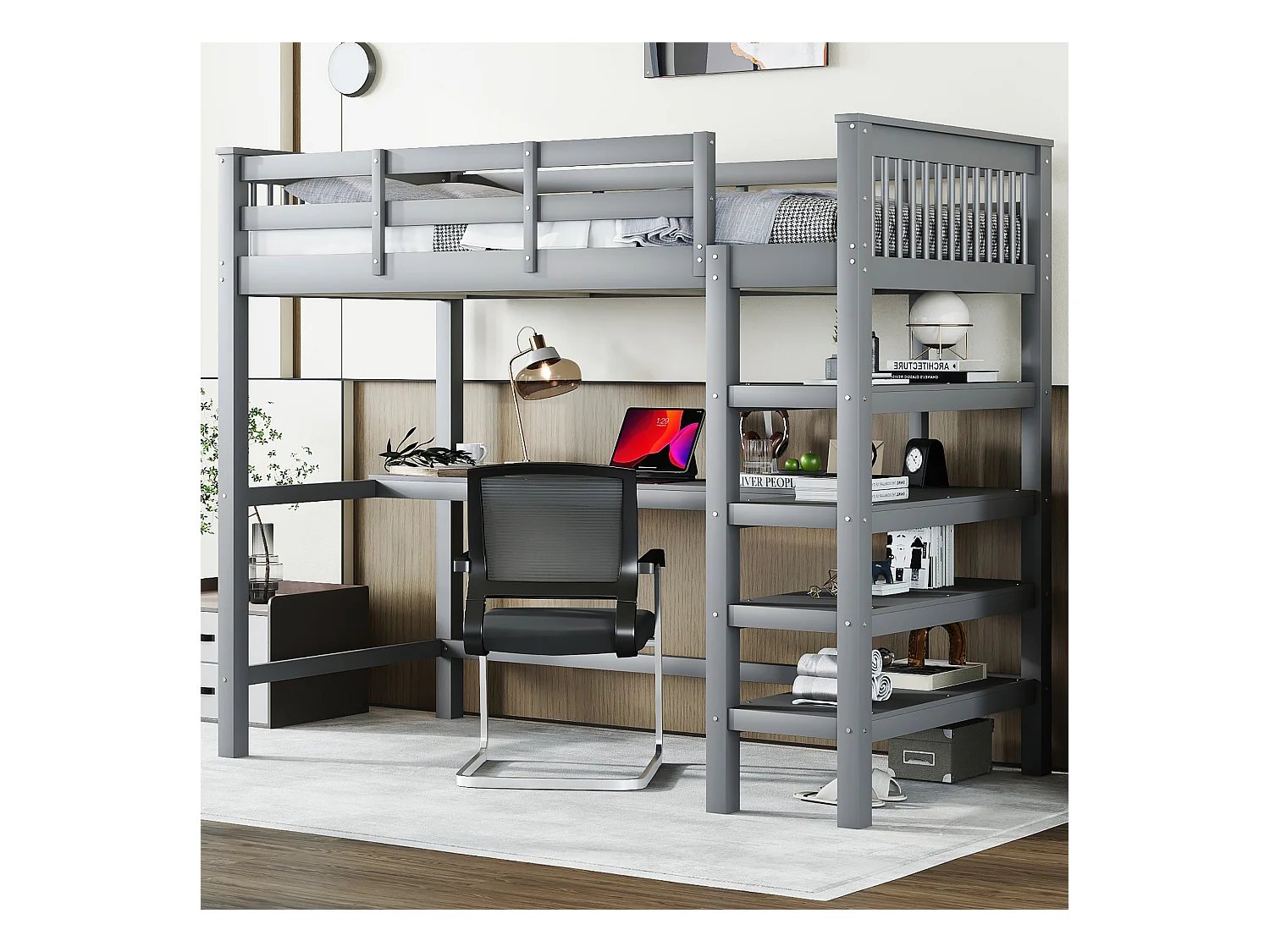 Lit mezzanine 90 x 200 cm avec bureau et étagères de rangement - Bois de pin + MDF - Gris