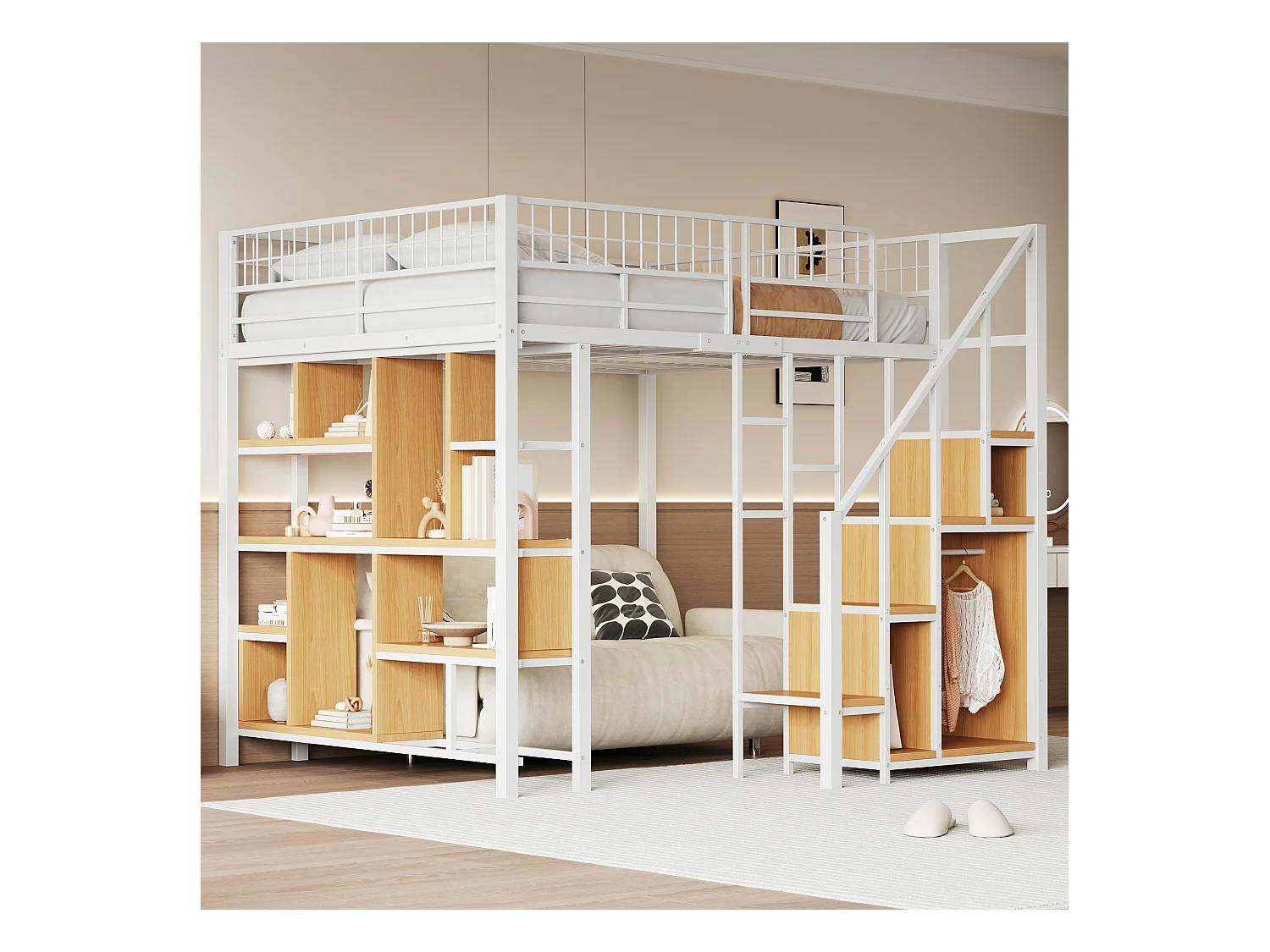 Multifunctionele hoogslaper 140 x 200 cm, metalen bed met opbergruimte, planken en trappen, bed voor volwassenen en kinderbed