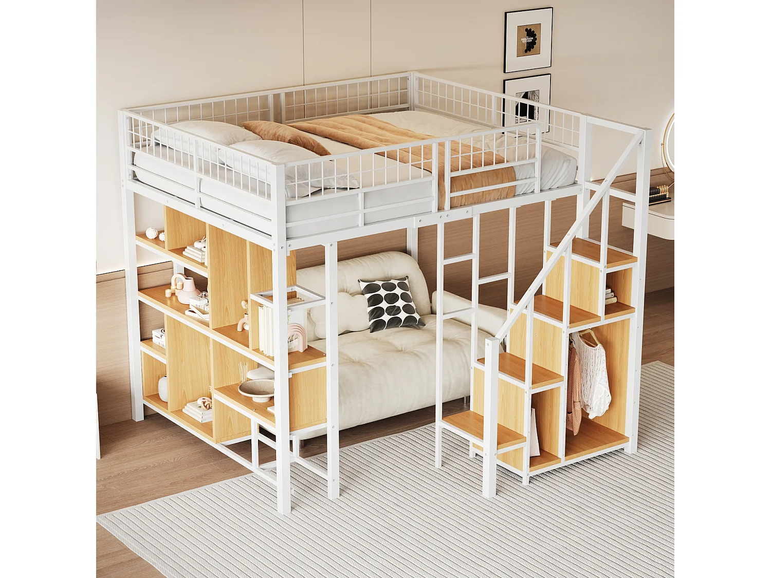 Multifunctionele hoogslaper 140 x 200 cm, metalen bed met opbergruimte, planken en trappen, bed voor volwassenen en kinderbed