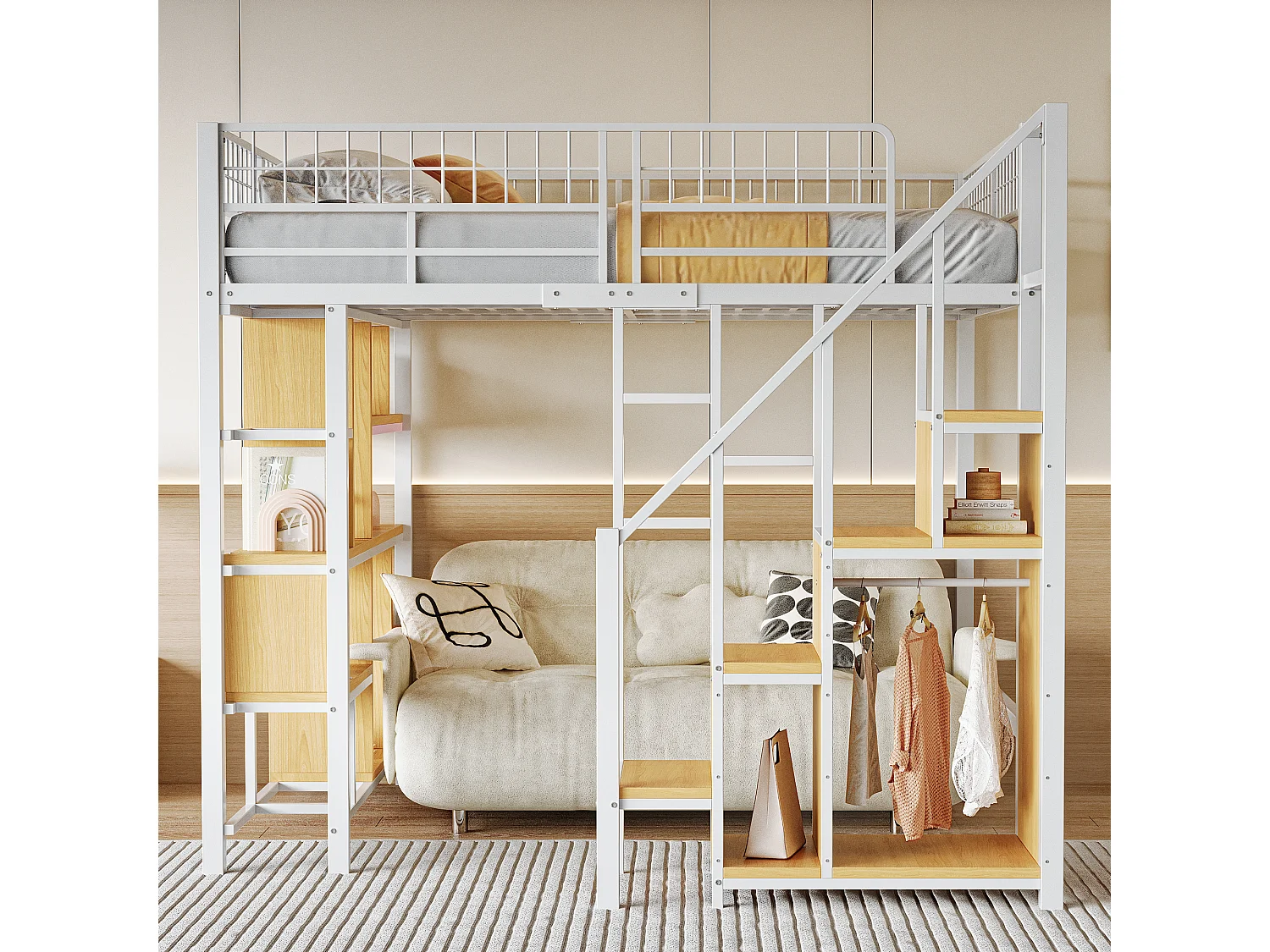 Multifunctionele hoogslaper 140 x 200 cm, metalen bed met opbergruimte, planken en trappen, bed voor volwassenen en kinderbed