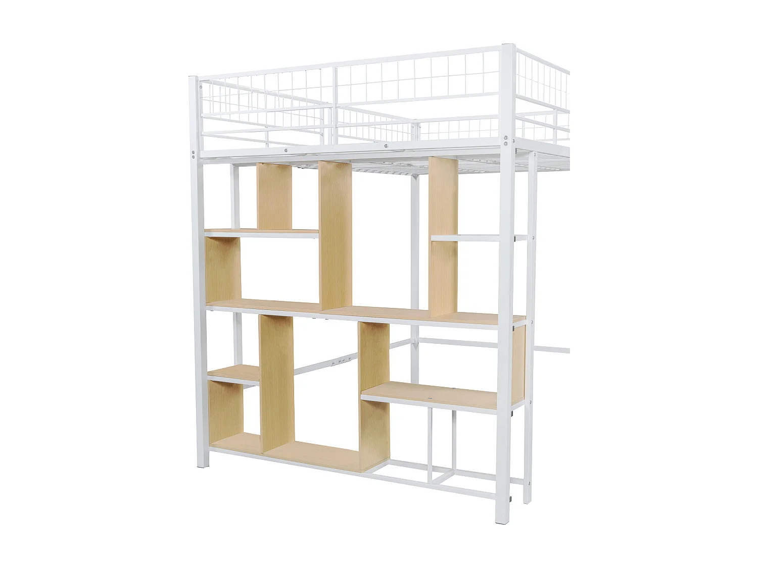 Multifunctionele hoogslaper 140 x 200 cm, metalen bed met opbergruimte, planken en trappen, bed voor volwassenen en kinderbed