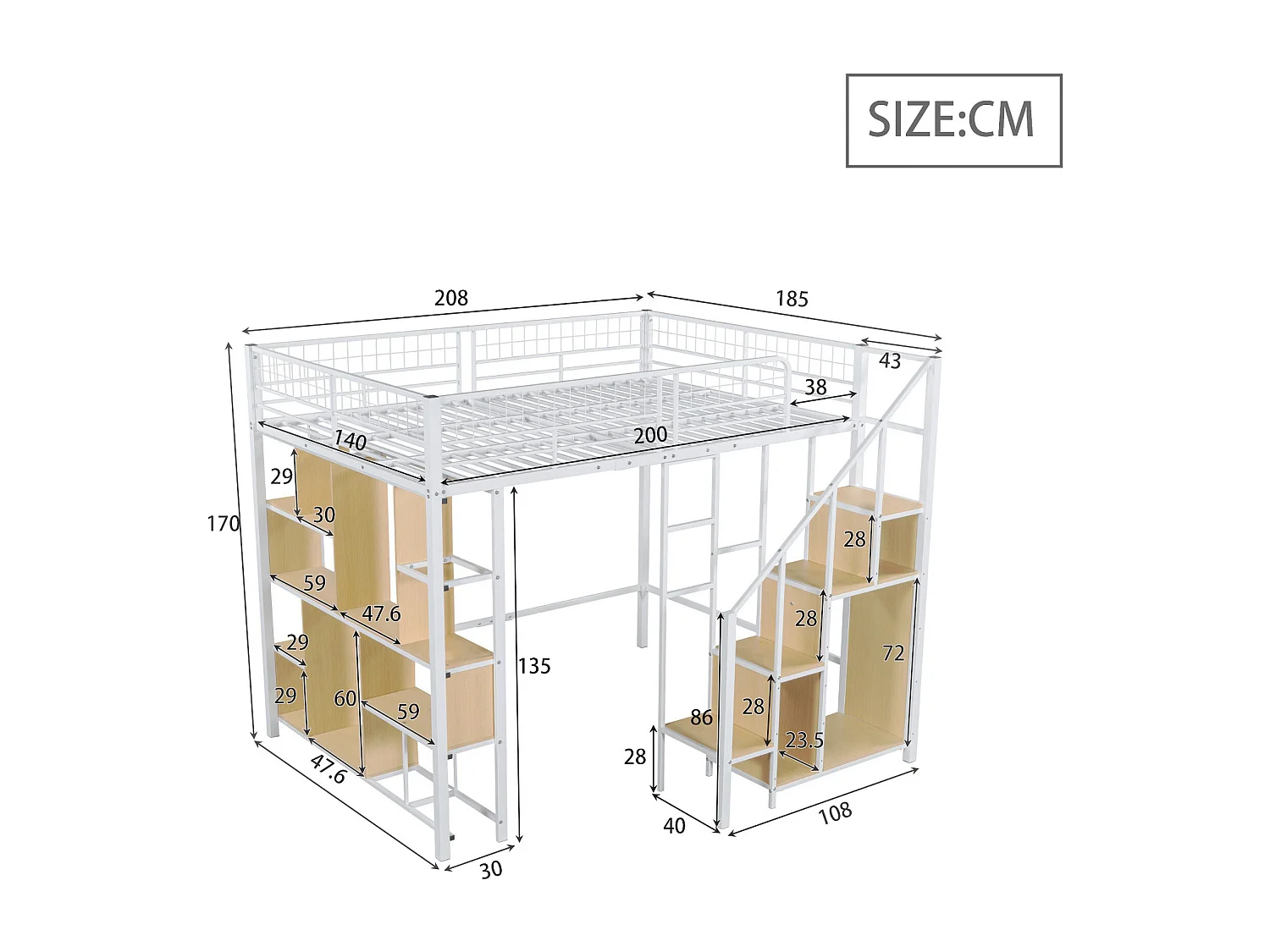 Multifunctionele hoogslaper 140 x 200 cm, metalen bed met opbergruimte, planken en trappen, bed voor volwassenen en kinderbed