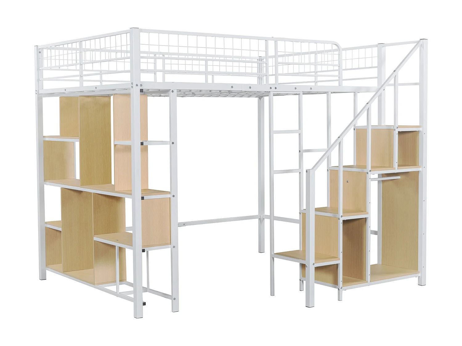 Multifunctionele hoogslaper 140 x 200 cm, metalen bed met opbergruimte, planken en trappen, bed voor volwassenen en kinderbed