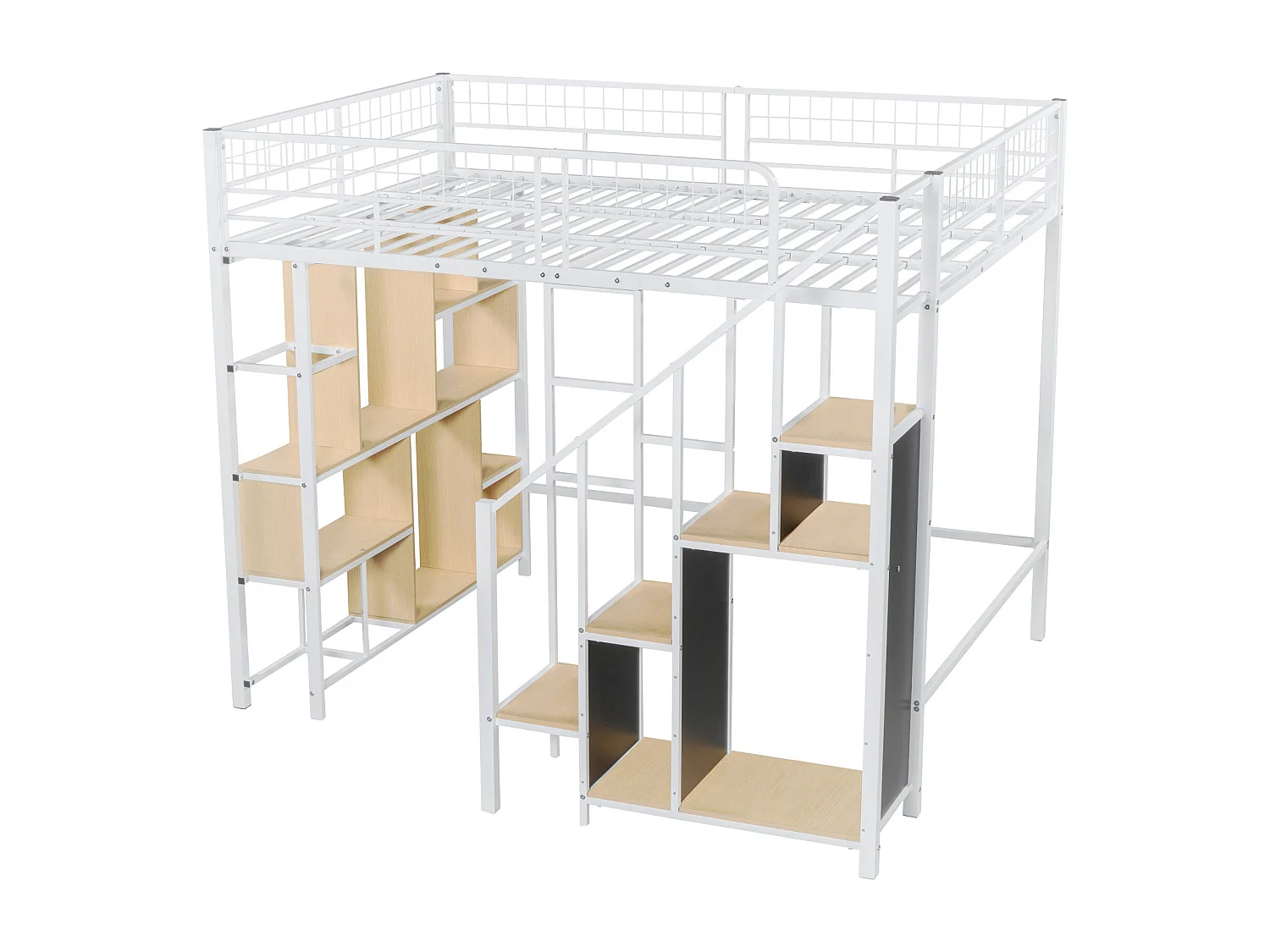 Multifunctionele hoogslaper 140 x 200 cm, metalen bed met opbergruimte, planken en trappen, bed voor volwassenen en kinderbed