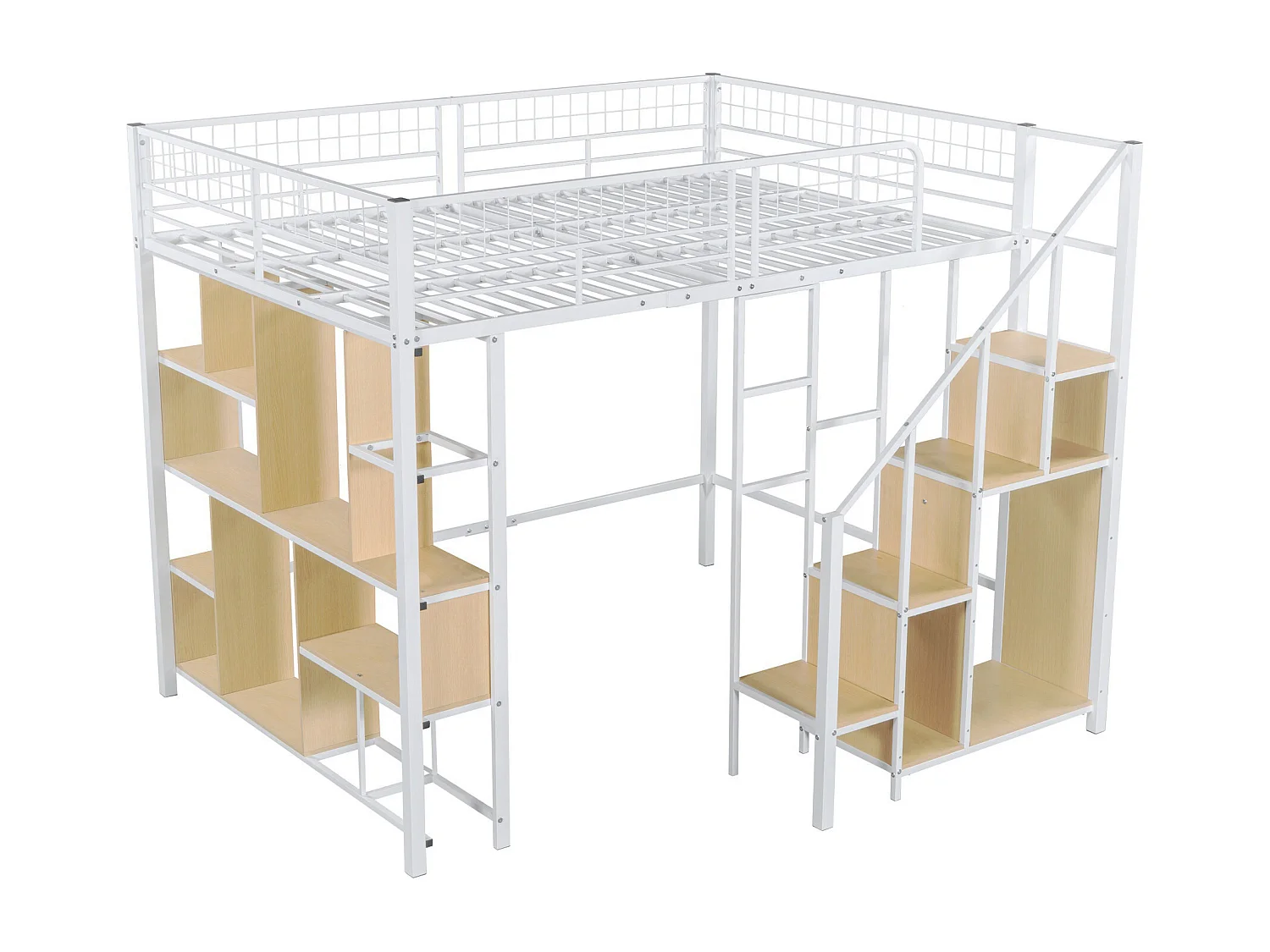 Multifunctionele hoogslaper 140 x 200 cm, metalen bed met opbergruimte, planken en trappen, bed voor volwassenen en kinderbed
