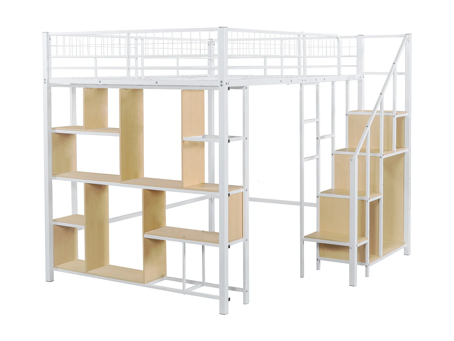 Multifunctionele hoogslaper 140 x 200 cm, metalen bed met opbergruimte, planken en trappen, bed voor volwassenen en kinderbed