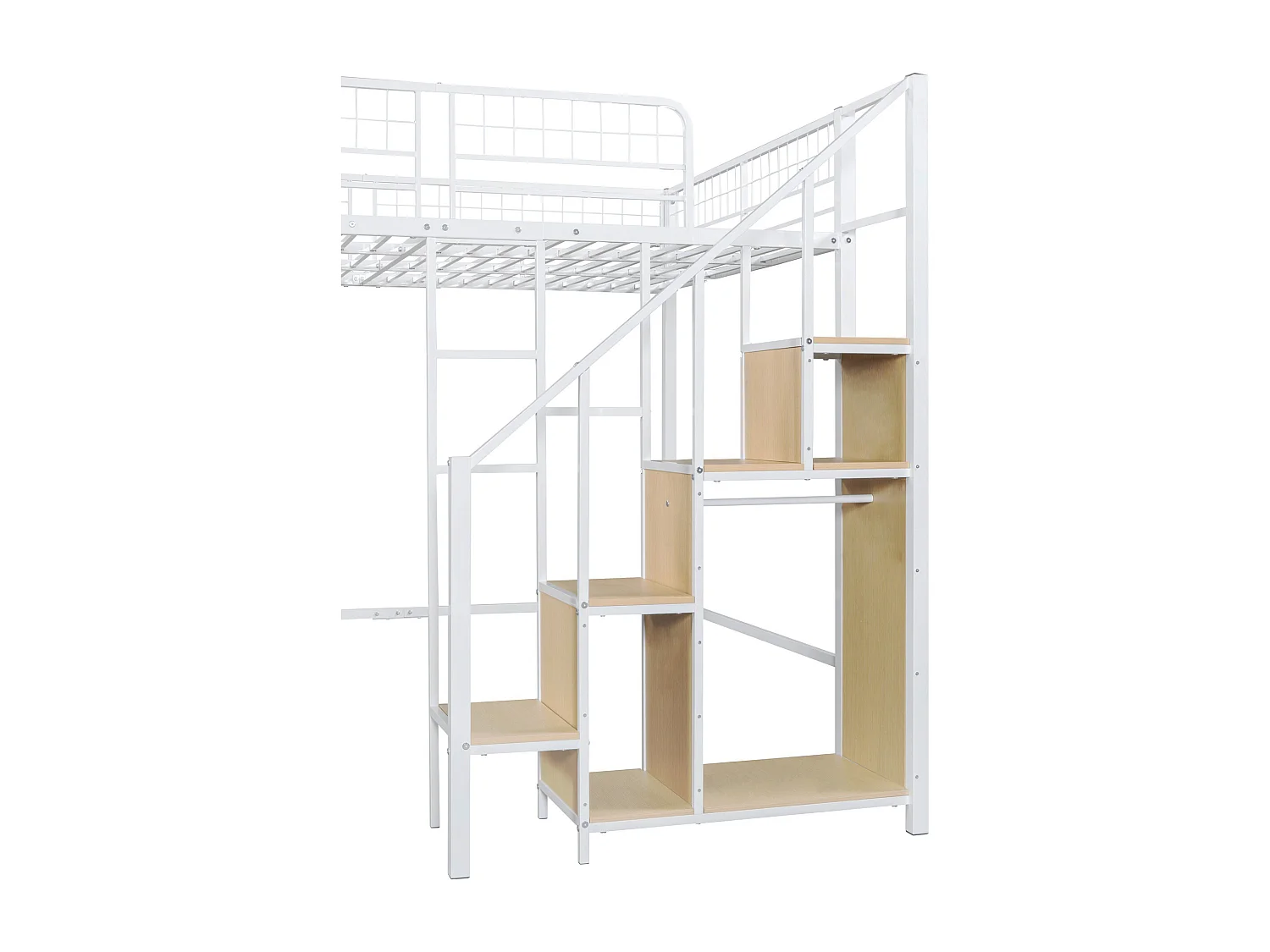 Multifunctionele hoogslaper 140 x 200 cm, metalen bed met opbergruimte, planken en trappen, bed voor volwassenen en kinderbed