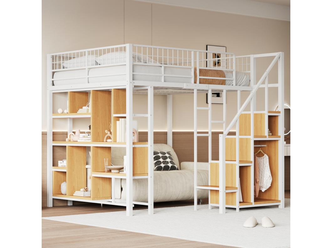 Multifunctionele hoogslaper 140 x 200 cm, metalen bed met opbergruimte, planken en trappen, bed voor volwassenen en kinderbed