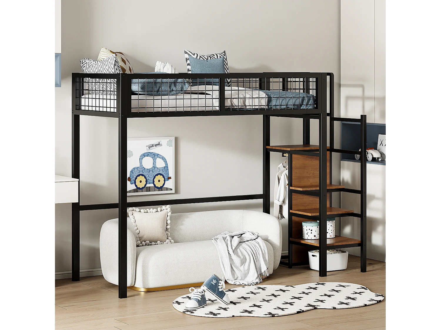 Hoogslaper 90 x 200 met ladder, opbergplank en kledingkast - Metaal - Lattenbodem - Zwart