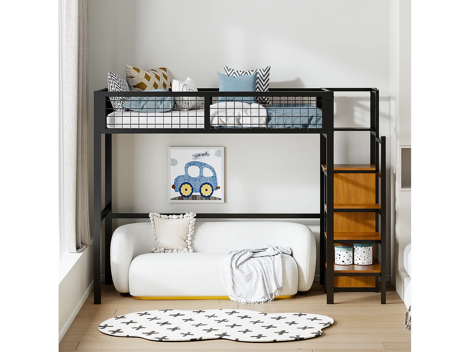 Hoogslaper 90 x 200 met ladder, opbergplank en kledingkast - Metaal - Lattenbodem - Zwart