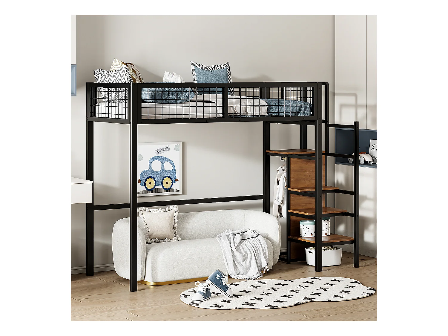 Lit mezzanine 90 x 200 avec échelle, étagère de rangement et armoire - Métal - Sommier à lattes - Noir