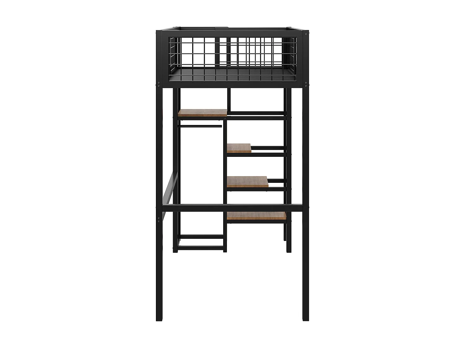 Letto a soppalco 90 x 200 con scaletta, ripiano portaoggetti e armadio - Metallo - Rete a doghe - Nero