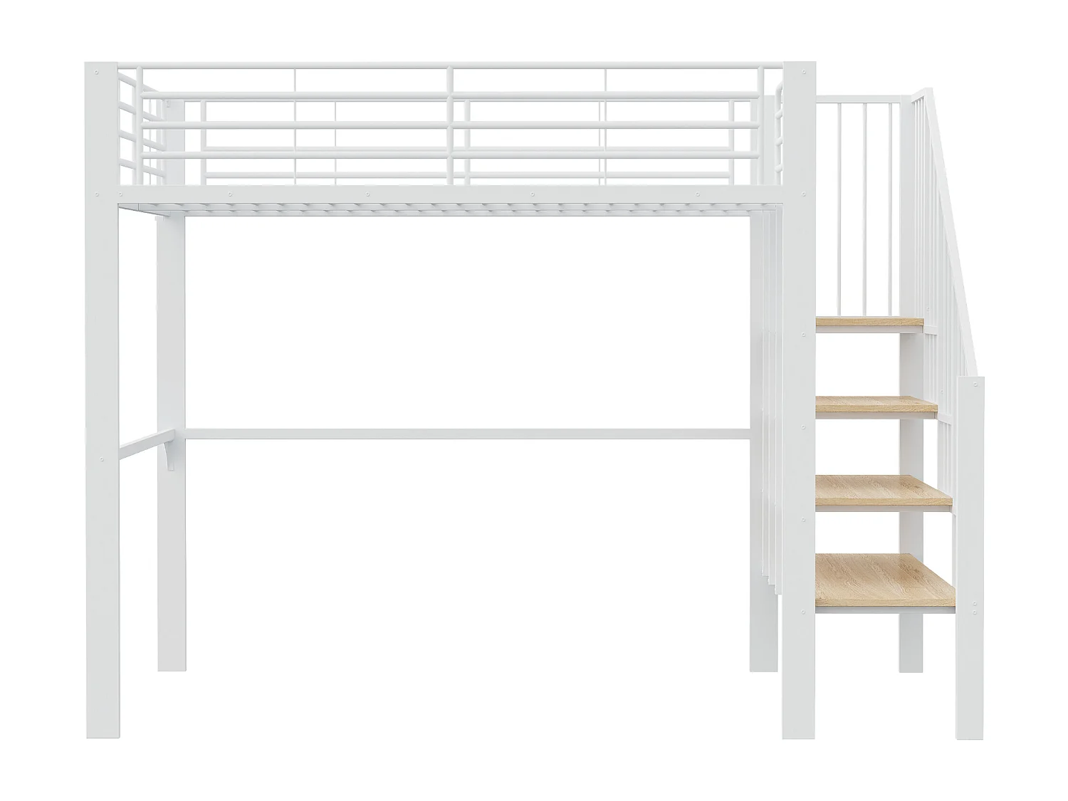 Lit mezzanine 140 x 200 cm avec grand escalier - Métal + Contreplaqué + MDF - Sommier à lattes - Blanc