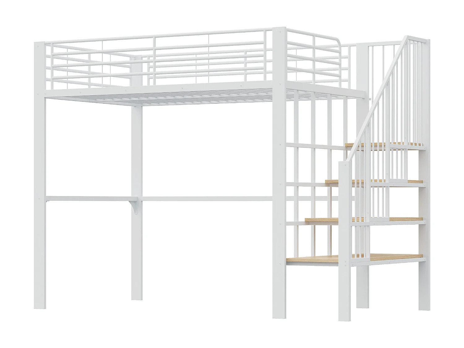 Lit mezzanine 140 x 200 cm avec grand escalier - Métal + Contreplaqué + MDF - Sommier à lattes - Blanc