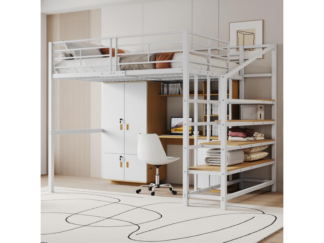 Hoogslaper 140 x 200 cm met grote trap - Metaal + Multiplex + MDF - Lattenbodem - Wit