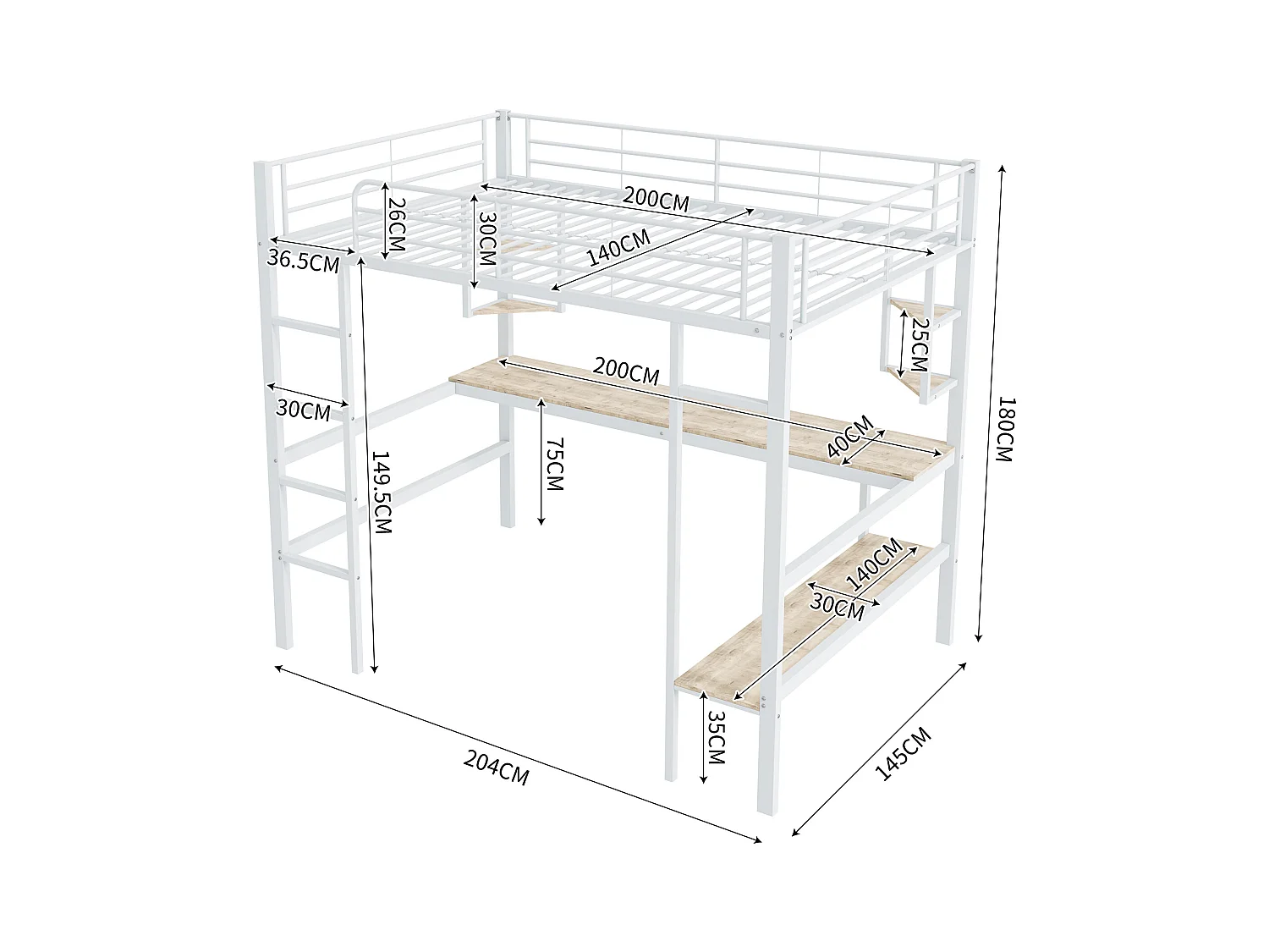 Lit mezzanine 140 x 200 cm avec bureau et étagères - Métal - Sommier à lattes - Blanc (sans matelas)