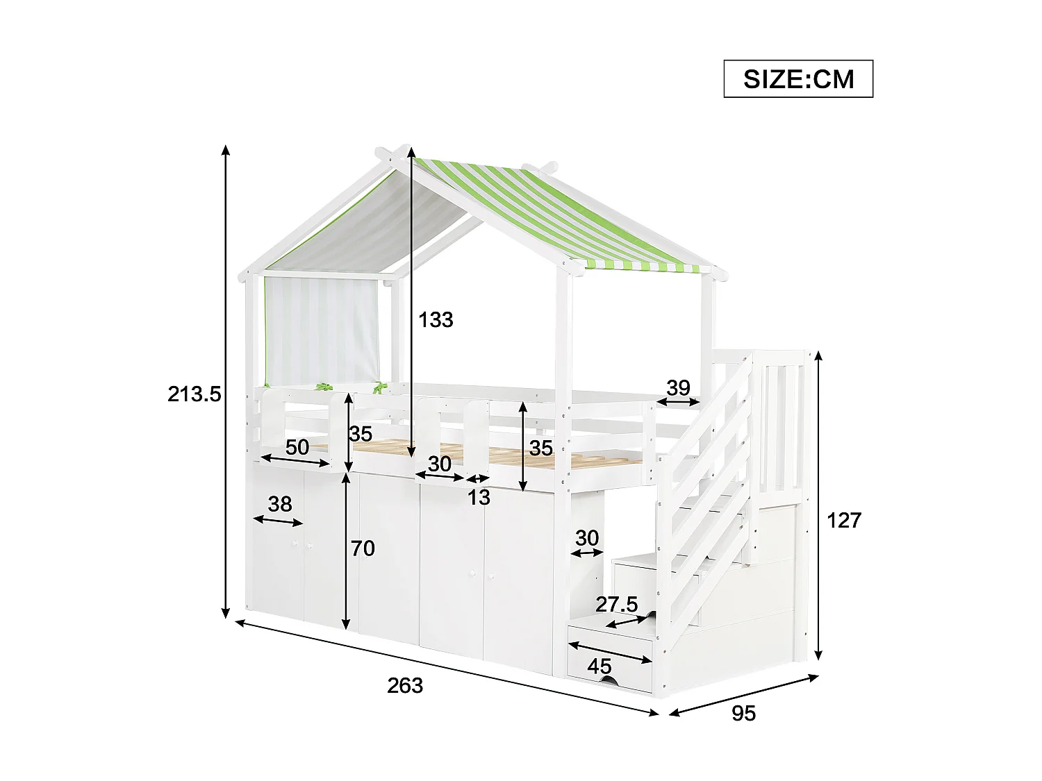 Lit mezzanine 90 x 200 cm avec 1 armoire et 2 casiers et 3 tiroirs - Pin+MDF+contreplaqué - Blanc+vert