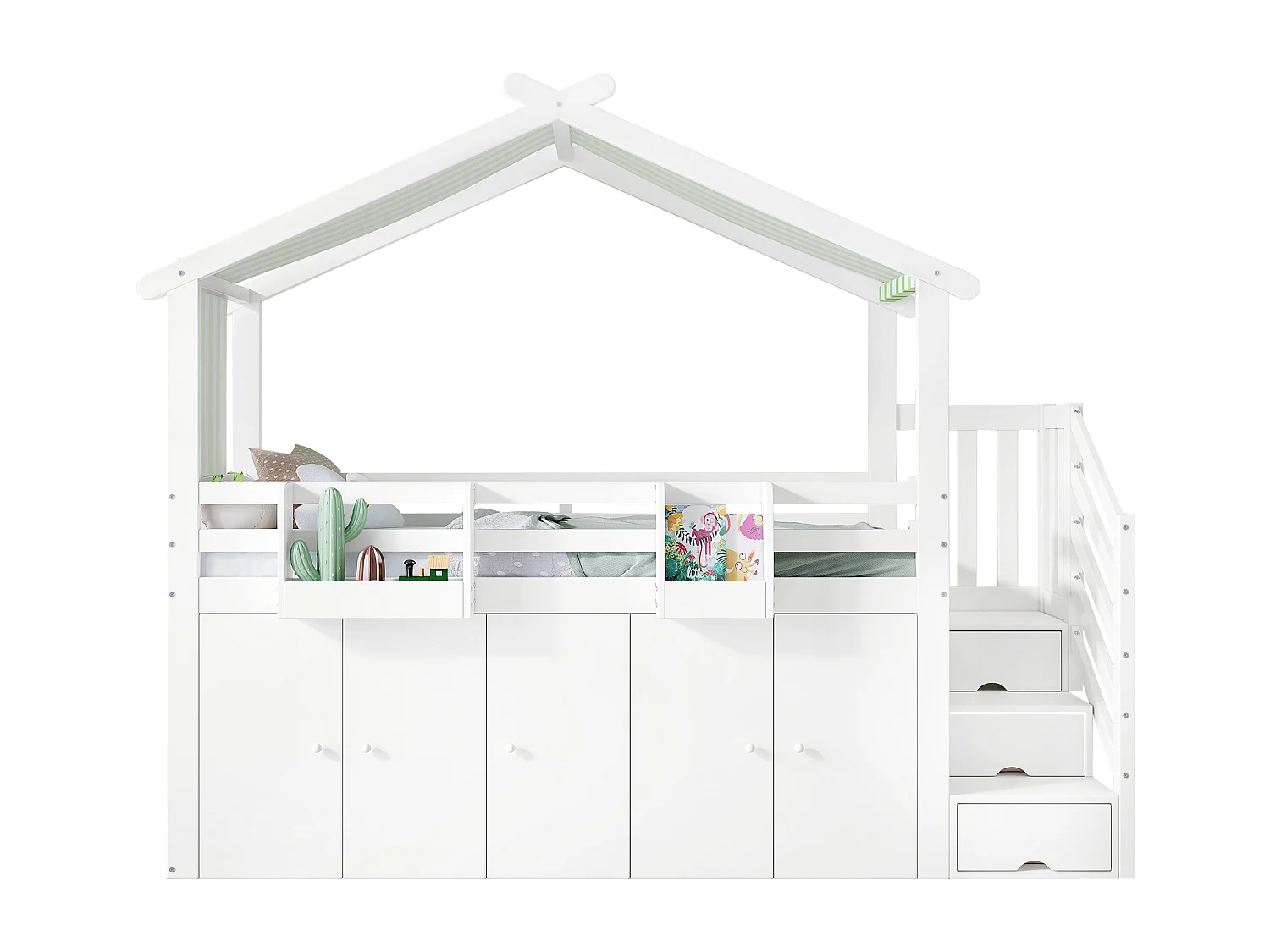 Lit mezzanine 90 x 200 cm avec 1 armoire et 2 casiers et 3 tiroirs - Pin+MDF+contreplaqué - Blanc+vert