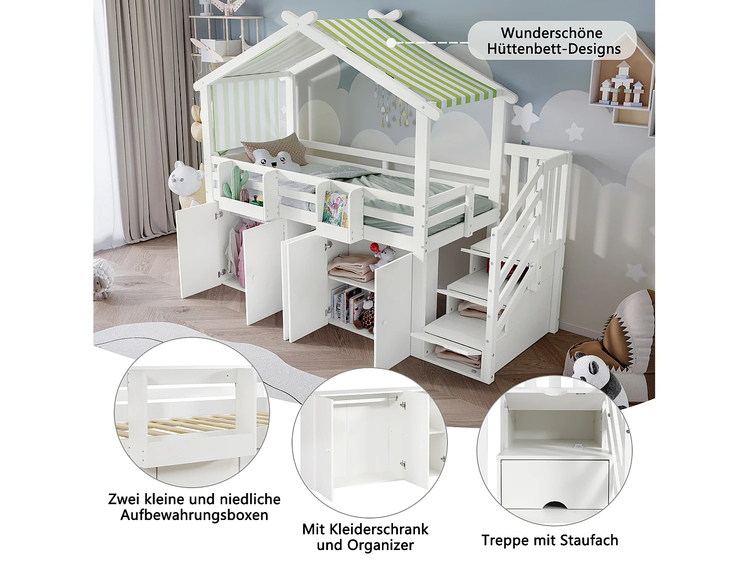 Letto a soppalco 90 x 200 cm con 1 armadio e 2 armadietti e 3 cassetti - Pino+MDF+compensato - Bianco+verde