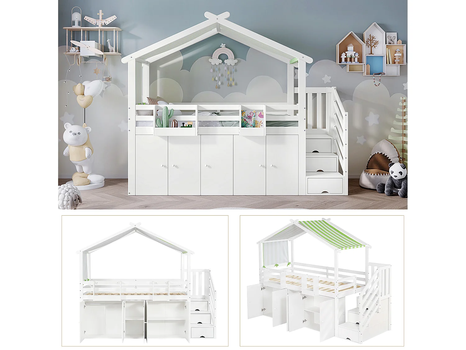 Letto a soppalco 90 x 200 cm con 1 armadio e 2 armadietti e 3 cassetti - Pino+MDF+compensato - Bianco+verde