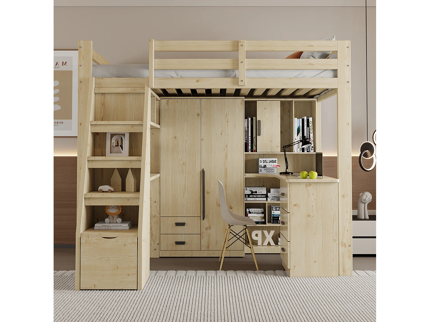 Lit mezzanine 90 x 200 cm avec bureau, bibliothèque, une porte et un tiroir - Bois massif + MDF - Naturel (sans matelas)