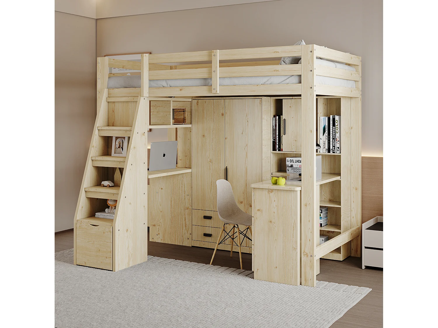 Lit mezzanine 90 x 200 cm avec bureau, bibliothèque, une porte et un tiroir - Bois massif + MDF - Naturel (sans matelas)