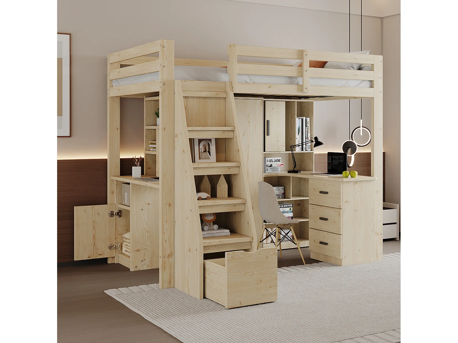 Lit mezzanine 90 x 200 cm avec bureau, bibliothèque, une porte et un tiroir - Bois massif + MDF - Naturel (sans matelas)