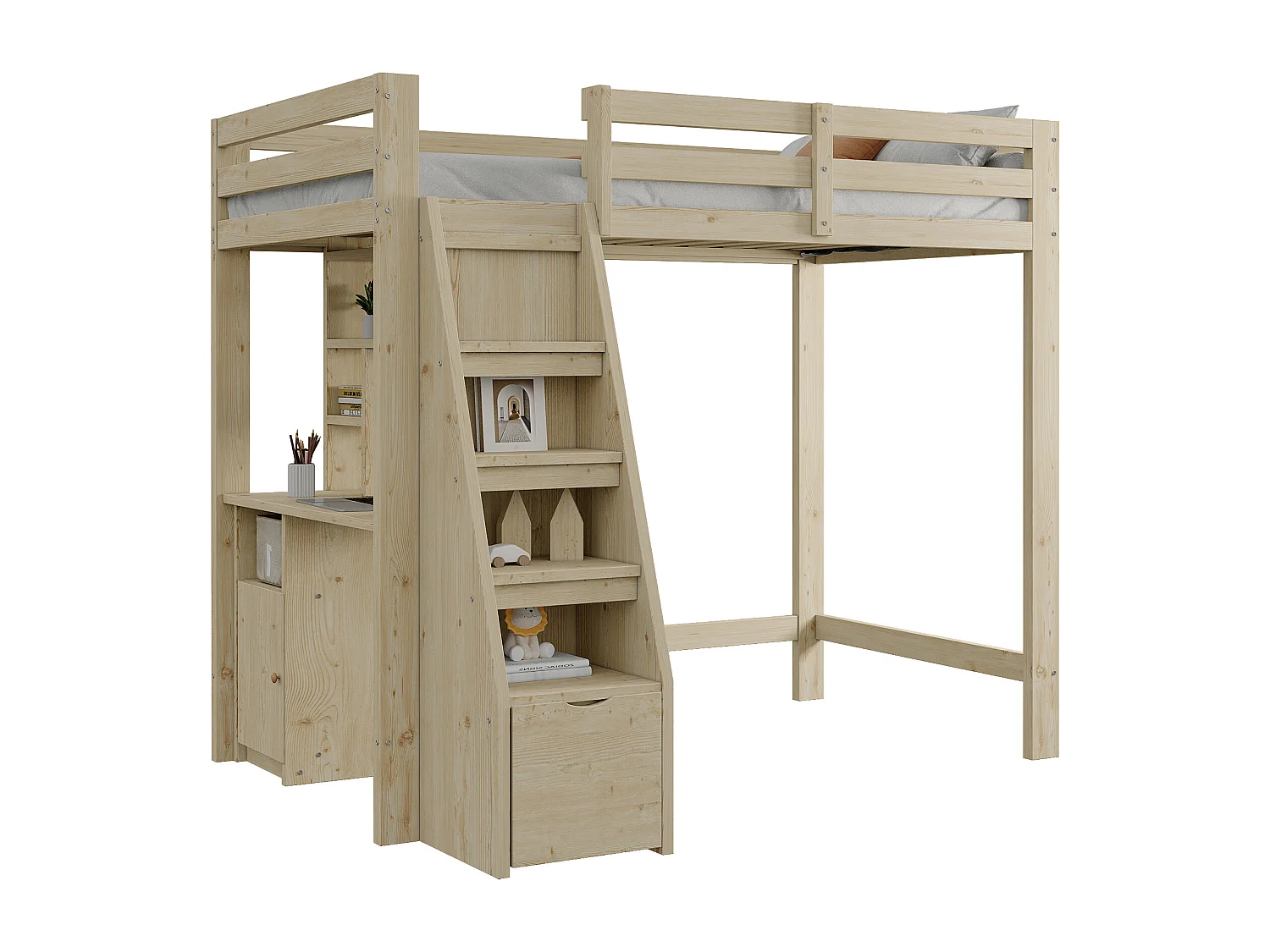 Lit mezzanine 90 x 200 cm avec bureau, bibliothèque, une porte et un tiroir - Bois massif + MDF - Naturel (sans matelas)